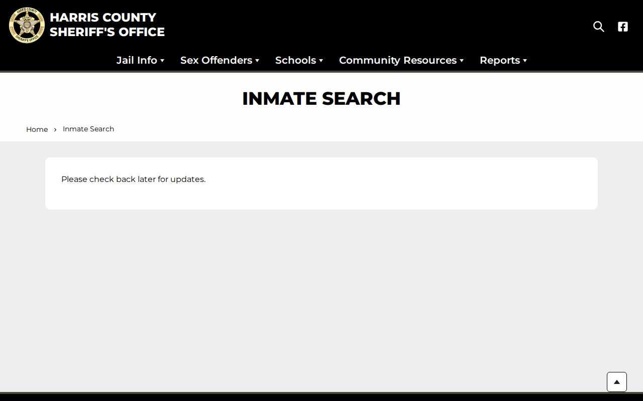 Harris County 24-hour release inmate-search route with no current updates